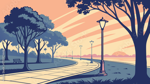 Inviting park scene at sunset evokes tranquility, ideal for nature and relaxation themes