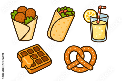 Delicious food icons vector illustration: wraps, juice, waffle, pretzel for menu design