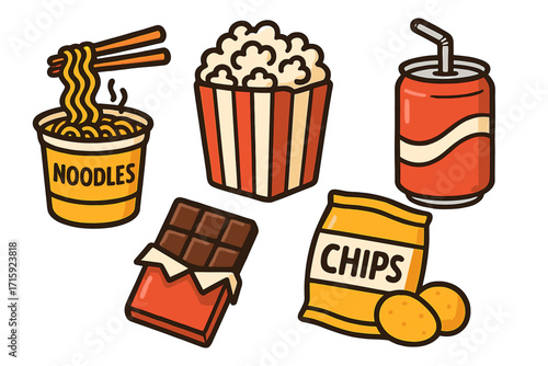 Delicious snack foods vector illustration for fun and playful sticker design in flat style