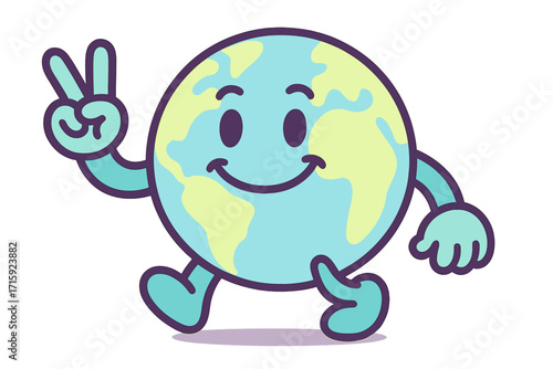 Happy earth cartoon with peace gesture vector illustration for environmental design