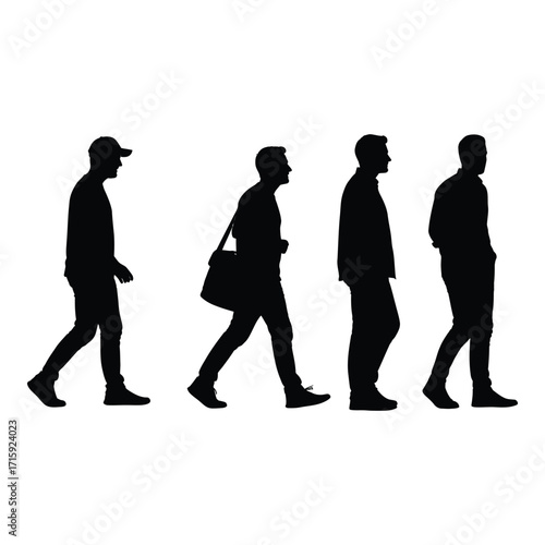 Silhouettes of four men walking in succession diverse poses casual attire for design projects silhouette