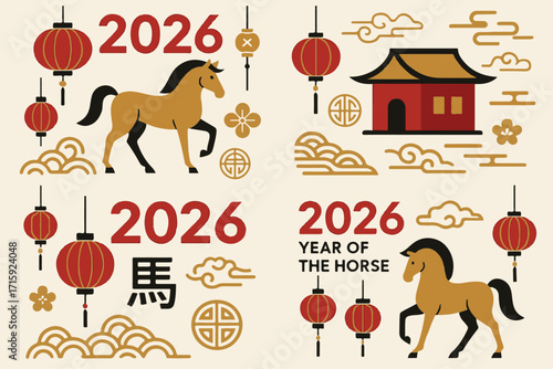 Abstract modern vector illustrations of Chinese New Year designs for 2026, Year of the Horse. Lanterns, horse, house and traditional elements