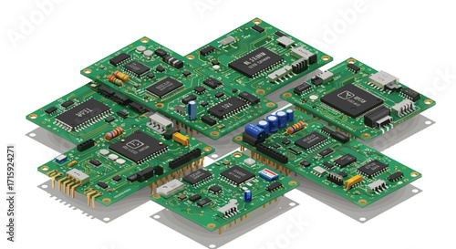 Electronic circuit boards vector illustration for technology design projects in isometric style
