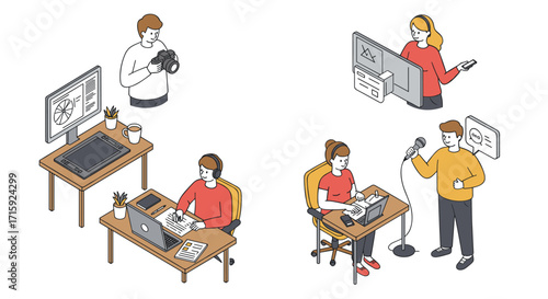 Isometric vector illustration of creative media professions in a modern office for design and print