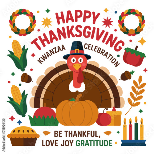 Happy Thanksgiving celebration poster, cozy table scene, pumpkin and candles, gratitude theme, inclusive holiday message, seasonal vector composition