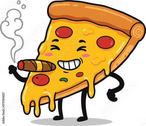 Funny cartoon pizza slice character with melted cheese, pepperoni toppings, smoking cigar, delicious fast food illustration, tasty junk food, vector