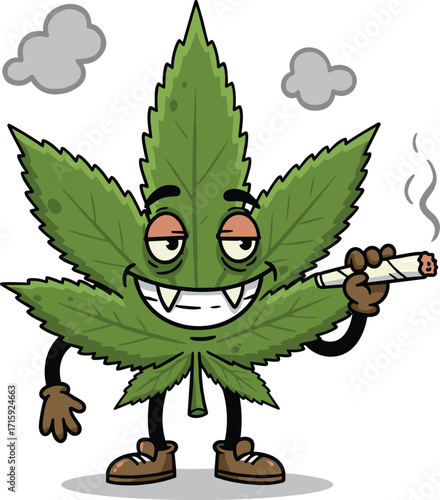 Funny cartoon marijuana leaf character smoking joint, stoned cannabis mascot illustration, weed leaf smoking blunt, funny cannabis cartoon design, vector