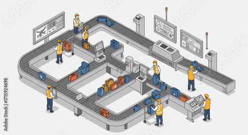 Isometric factory conveyor belt vector illustration for industrial automation design