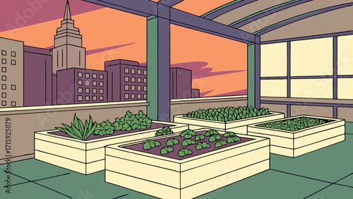 Urban rooftop garden with raised beds and cityscape backdrop, sustainable living style and tranquility