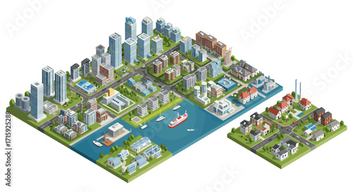 Vibrant urban cityscape with waterfront and suburban area vector illustration for design projects