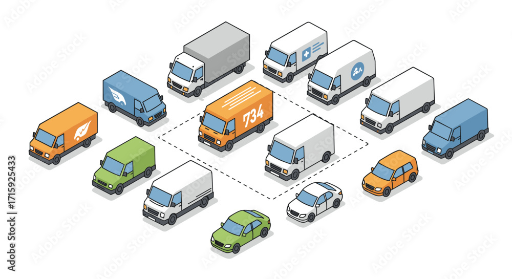 Isometric delivery fleet vector illustration with cars and trucks for logistics design Isometric delivery fleet vector illustration with cars and trucks for logistics design