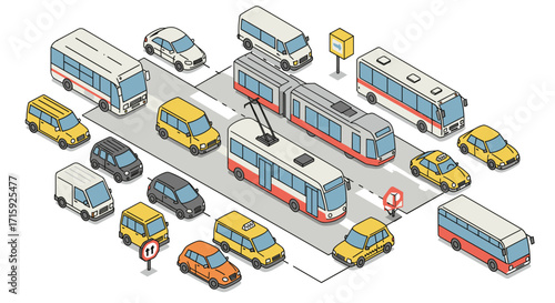 Isometric urban transportation vehicles vector illustration for design, poster, card