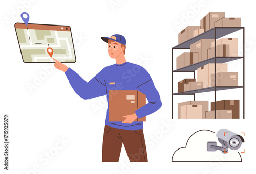 Courier holding package while interacting with a location map interface. Nearby warehouse shelving and cloud-connected security camera. Ideal for logistics, e-commerce, technology, delivery