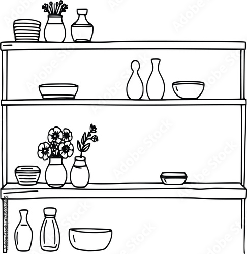 Sketch of Wooden Shelf with Vases and Flowers 