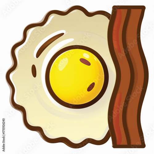 A stylized illustration of a sunny-side-up fried egg placed next to a crispy, wavy strip of bacon.