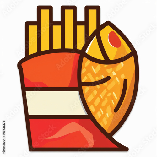 A stylized illustration of a fish and chips meal, featuring golden fries in a red and white paper bag alongside a golden-brown battered fish.