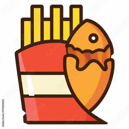 Stylized illustration of classic fish and chips, featuring golden french fries in a red and white container alongside a crispy fried fish fillet.