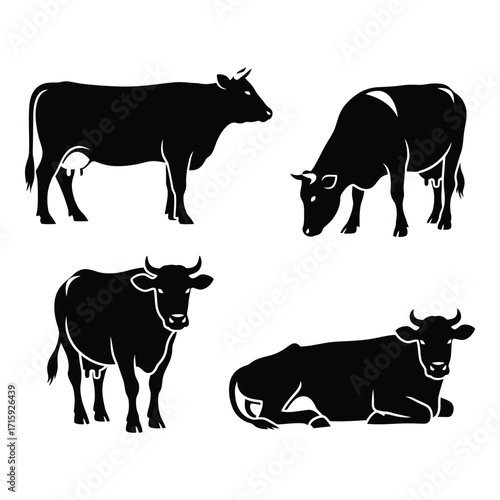 Four black silhouette cows standing grazing lying down agricultural farm animals silhouette
