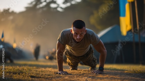 Determined young male soldier doing push-ups during military training at sunrise on army base, wearing camouflage pants and t-shirt with intense focus in outdoor fitness exercise