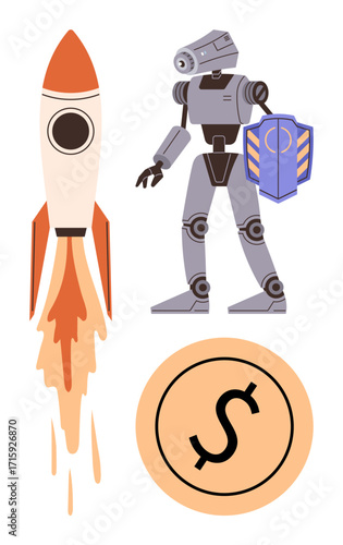 Rocket blasting off, advanced robot holding shield, and currency sign in circle. Ideal for technology, innovation, start-ups, investment, fintech artificial intelligence futuristic concepts. Simple