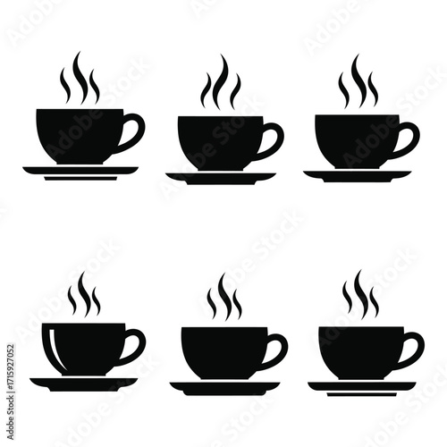 Six silhouettes of steaming coffee cups and saucers in a grid layout silhouette