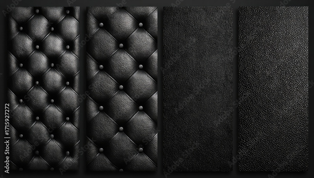 Obraz premium Four panels of black leather upholstery, showing tufted and smooth textures