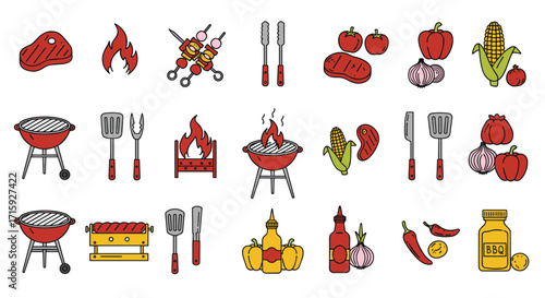 Colorful barbecue icons for grilling season: meat, vegetables, sauces, and tools