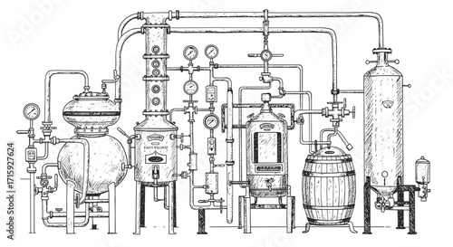 Intricate hand drawn distillery equipment with vintage pipes and gauges
