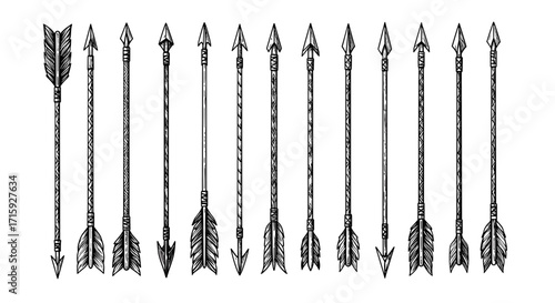 Hand drawn rustic arrow set featuring various tribal designs