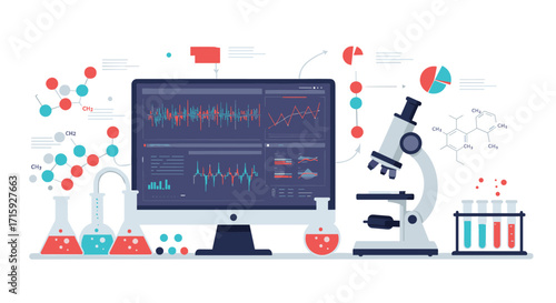 Modern laboratory research setup with computer and microscope for data analysis