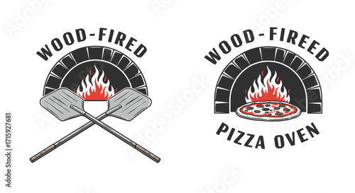 Wood-fired oven designs featuring flames and pizza for rustic cooking themes