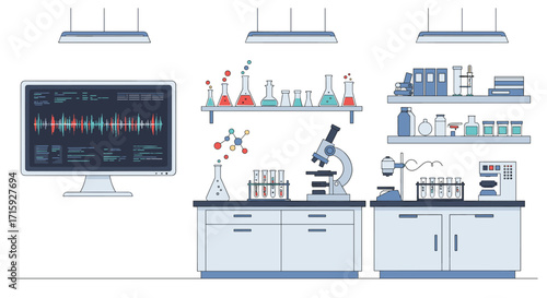 Modern laboratory with equipment and digital analysis interface