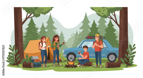 Friends enjoying campfire drinks at forest campsite with tent and car