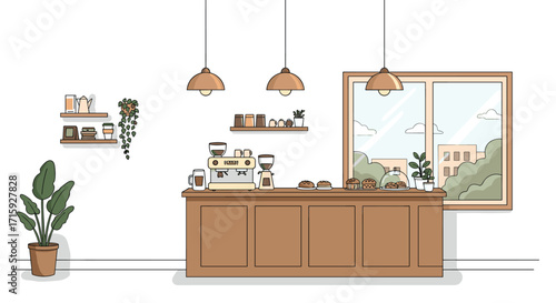 Cozy cafe design with coffee bar and pastries in minimalist style
