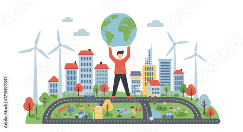 Sustainable cityscape with renewable energy and green living elements