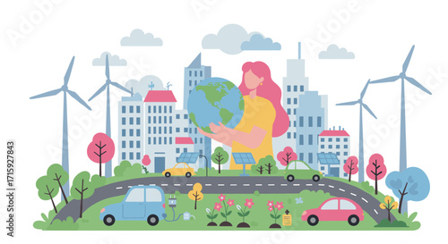 Sustainable cityscape: woman holding earth amidst eco-friendly urban environment