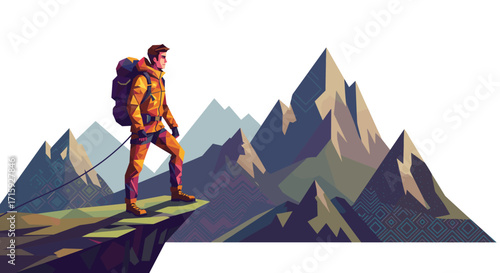 Adventurer stands on cliff overlooking majestic polygonal mountain landscape in geometric style