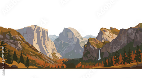 Scenic mountain landscape with waterfall and forest in autumn colors