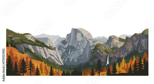 Majestic mountain landscape with autumn trees in a flat design