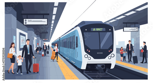 Modern commuter train station with busy passengers and urban environment