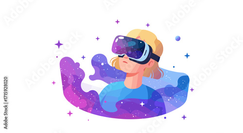 Immersive experience: girl exploring virtual reality with cosmic vibes