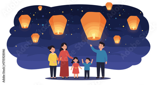 Family enjoying night with floating lanterns in the sky