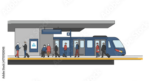 Flat style city train station with commuters and modern design elements