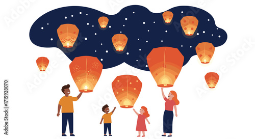 Family celebrating lantern festival with sky lanterns under starry night