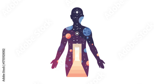 Human silhouette infused with galactic space elements and planets