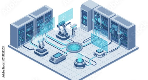Futuristic robotics in a high-tech server room with holographic displa