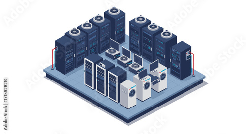 Modern isometric server room with high-tech cooling systems and networ