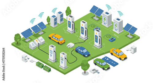 Isometric electric vehicle charging station with solar panels and smar