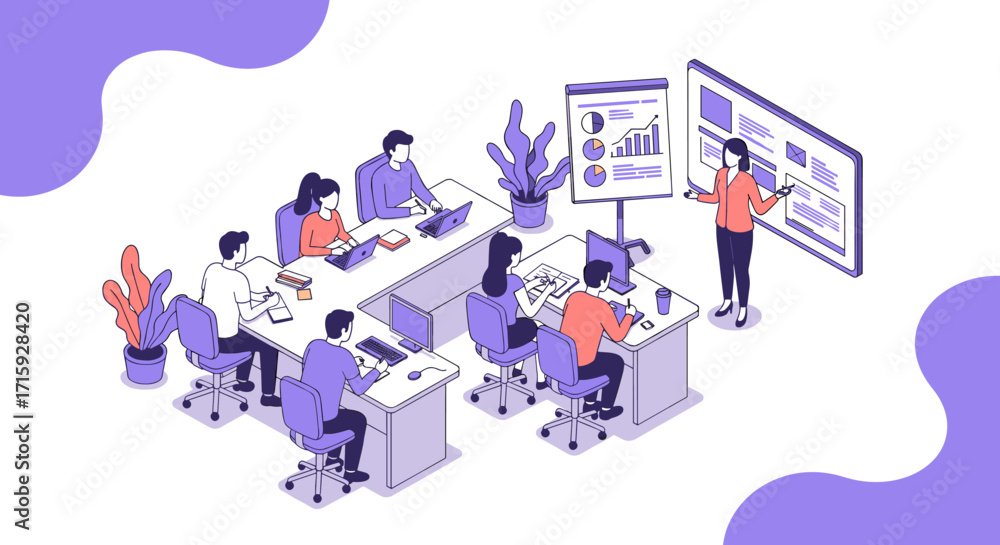 Fototapeta premium Collaborative office team analyzing business data in modern isometric