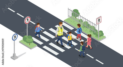 Isometric schoolchildren crossing street with teacher on pedestrian cr